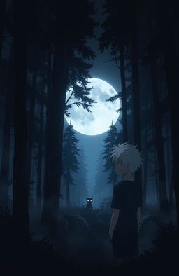 A very dark and eerie anime forest filled with tall, shadowy trees and dense mist