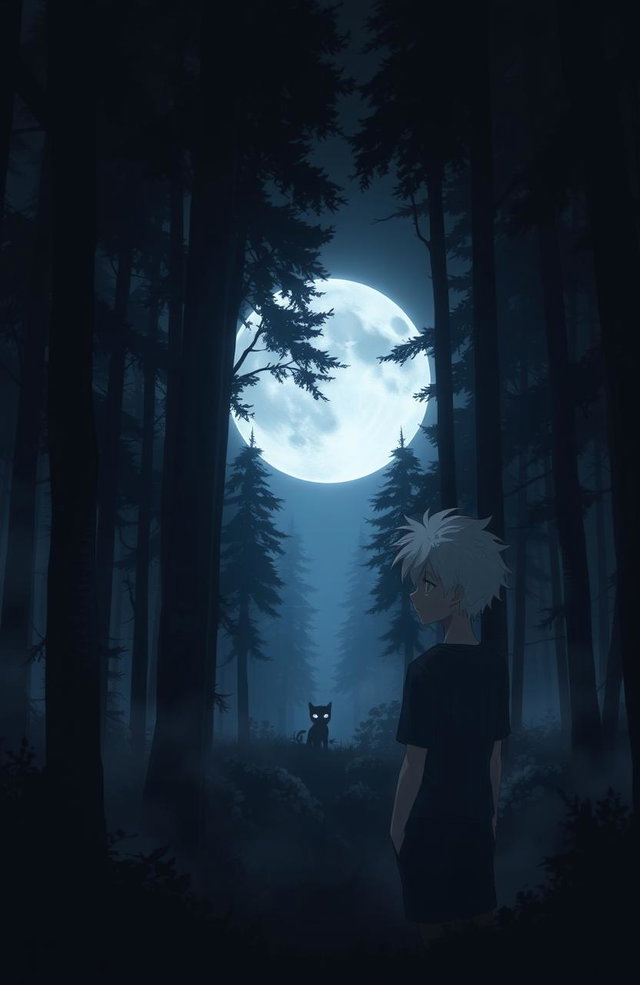 A very dark and eerie anime forest filled with tall, shadowy trees and dense mist