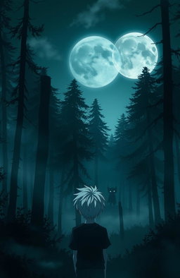 A very dark and eerie anime forest filled with tall, shadowy trees and dense mist