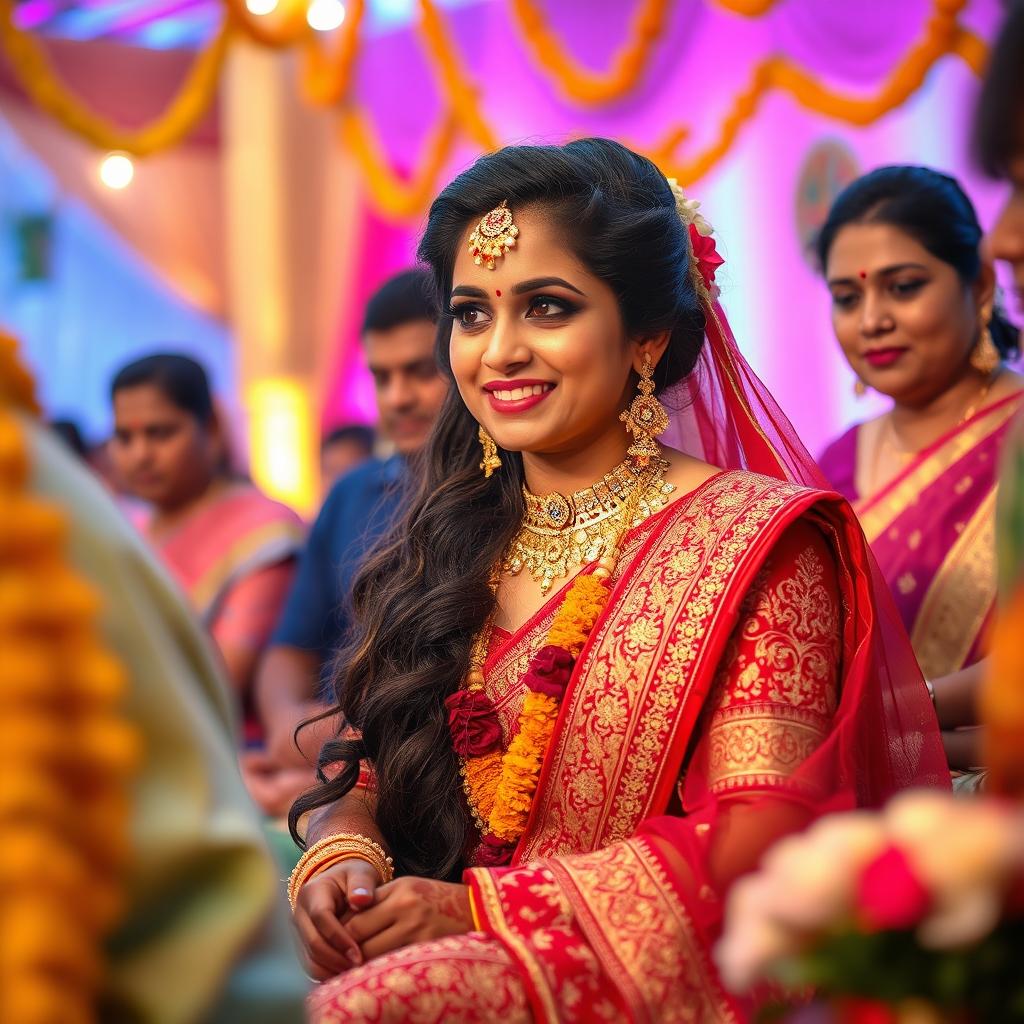 An Indian bride in a traditional, intricately designed red and gold wedding lehenga, sitting amidst a vibrant and colorful wedding ceremony
