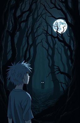 A very dark and eerie forest in anime style, featuring a teenage boy with white hair gazing towards a full moon