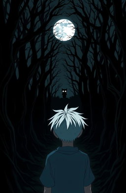 A very dark and eerie forest in anime style, featuring a teenage boy with white hair gazing towards a full moon