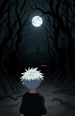 A very dark and eerie forest in anime style, featuring a teenage boy with white hair gazing towards a full moon