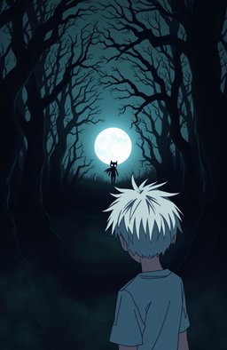 A very dark and eerie forest in anime style, featuring a teenage boy with white hair gazing towards a full moon