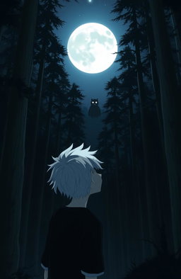 A very dark and eerie forest in anime style, featuring a teenage boy with white hair gazing up at a full moon