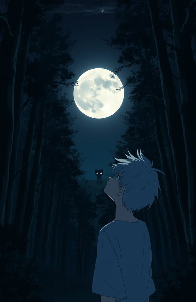 A very dark and eerie forest in anime style, featuring a teenage boy with white hair gazing up at a full moon