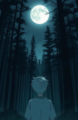 A very dark and eerie forest in anime style, featuring a teenage boy with white hair gazing up at a full moon