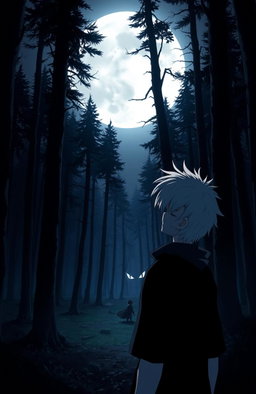 A very dark and eerie forest in anime style, featuring a teenage boy with white hair gazing up at a full moon