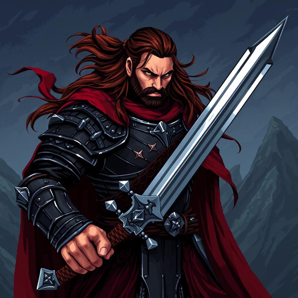 A detailed pixel art image of a medieval warrior, clad in dark and imposing armor, wielding a battle-worn sword in one hand