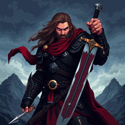 A detailed pixel art image of a medieval warrior, clad in dark and imposing armor, wielding a battle-worn sword in one hand