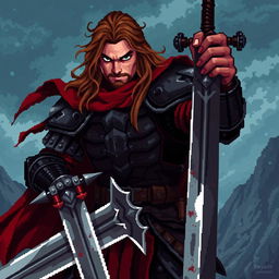 A detailed pixel art image of a medieval warrior, clad in dark and imposing armor, wielding a battle-worn sword in one hand