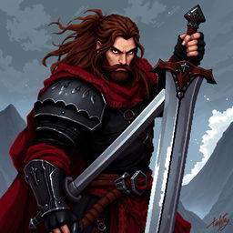 A detailed pixel art image of a medieval warrior, clad in dark and imposing armor, wielding a battle-worn sword in one hand