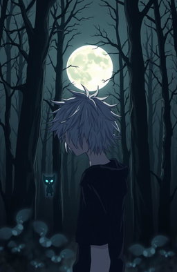 A dark and eerie forest in anime style, featuring a 16-year-old teenager with messy white hair gazing towards a full moon