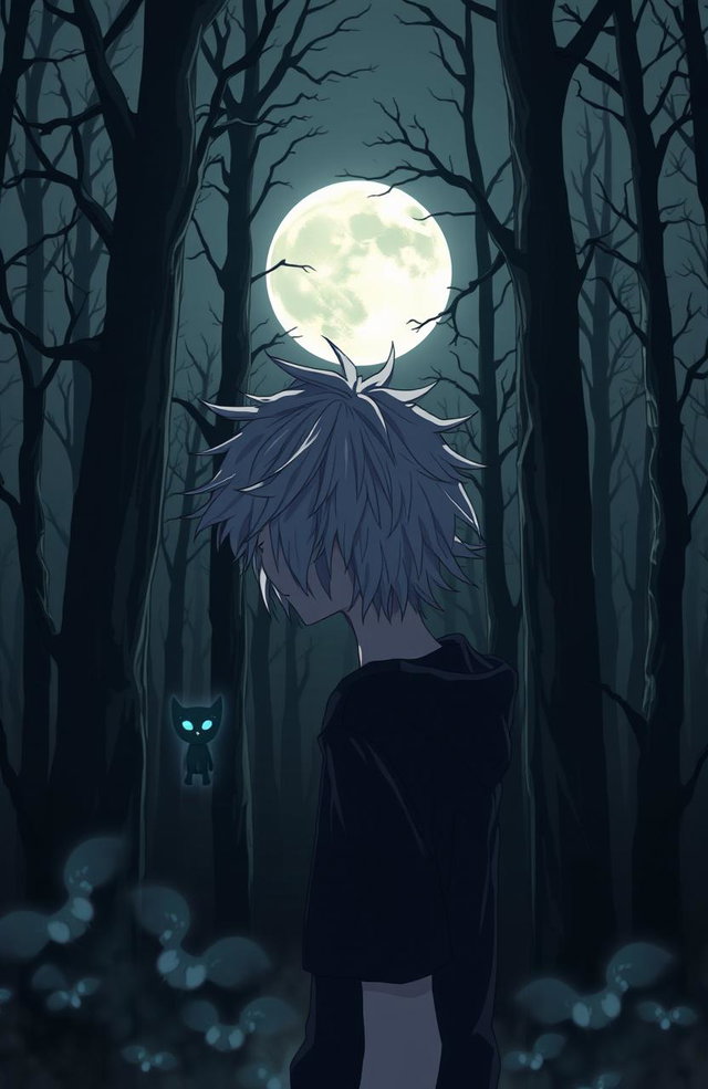 A dark and eerie forest in anime style, featuring a 16-year-old teenager with messy white hair gazing towards a full moon