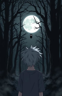 A dark and eerie forest in anime style, featuring a 16-year-old teenager with messy white hair gazing towards a full moon