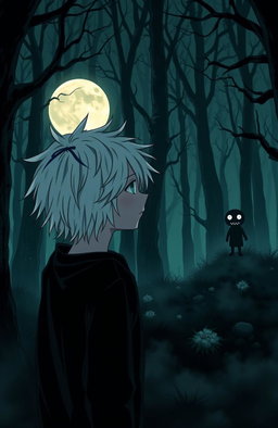 A dark and eerie forest in anime style, featuring a 16-year-old teenager with messy white hair gazing towards a full moon