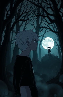 A dark and eerie forest in anime style, featuring a 16-year-old teenager with messy white hair gazing towards a full moon