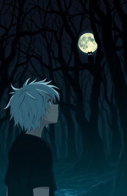 A very dark and eerie forest in anime style, featuring a 16-year-old teenager with messy white hair gazing towards a full moon