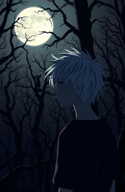 A very dark and eerie forest in anime style, featuring a 16-year-old teenager with messy white hair gazing towards a full moon