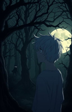 A very dark and eerie forest in anime style, featuring a 16-year-old teenager with messy white hair gazing towards a full moon