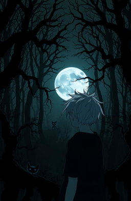 A very dark and eerie forest in anime style, featuring a 16-year-old teenager with messy white hair gazing towards a full moon