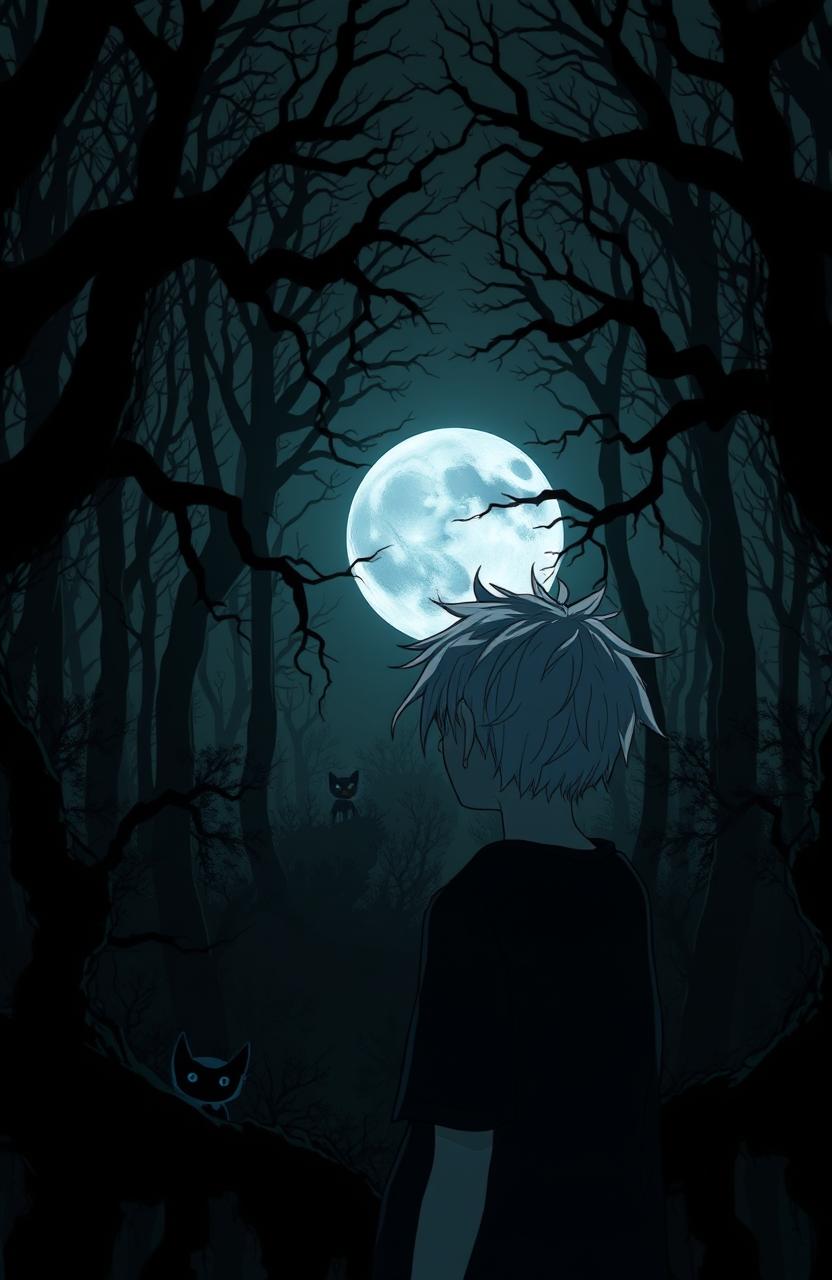 A very dark and eerie forest in anime style, featuring a 16-year-old teenager with messy white hair gazing towards a full moon