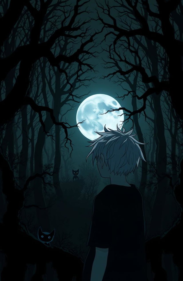 A very dark and eerie forest in anime style, featuring a 16-year-old teenager with messy white hair gazing towards a full moon