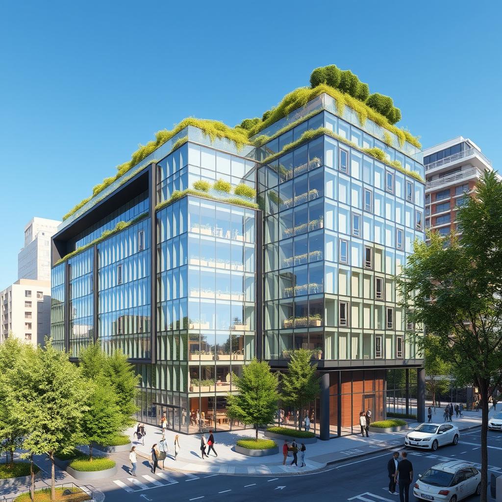 A highly detailed 3D representation of a contemporary building in a Global North city, showcasing modern architectural design