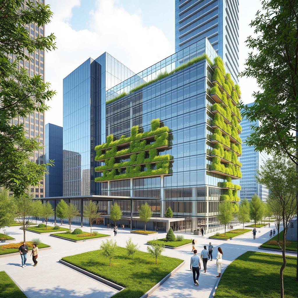 A detailed 3D rendering of a modern building in the Global North, showcasing sleek glass facades, innovative architectural design, and eco-friendly elements like vertical gardens