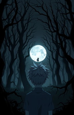 A very dark and eerie forest in anime style, featuring a 16-year-old boy with messy white hair, gazing towards a full moon