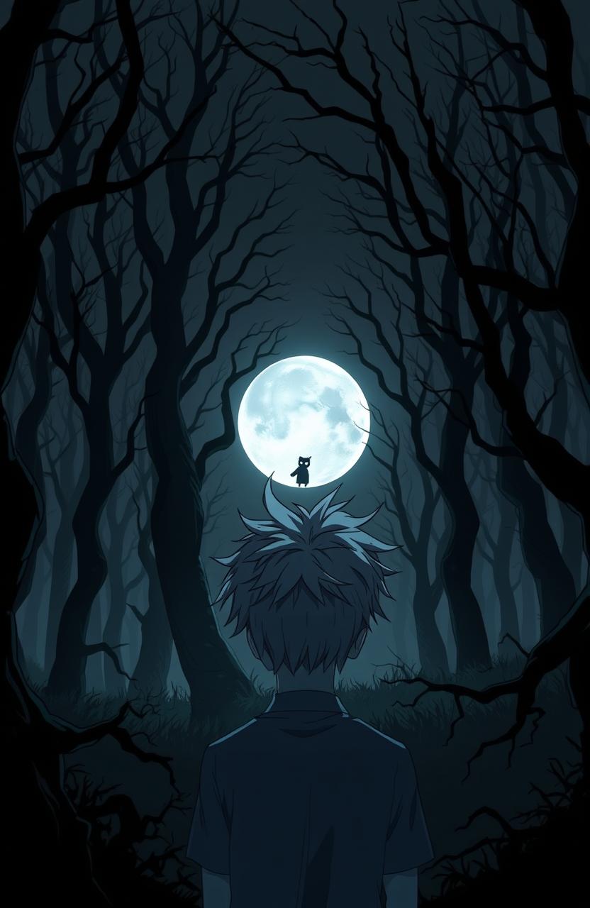 A very dark and eerie forest in anime style, featuring a 16-year-old boy with messy white hair, gazing towards a full moon