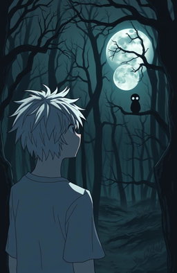 A very dark and eerie forest in anime style, featuring a 16-year-old boy with messy white hair, gazing towards a full moon