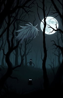 A very dark and eerie forest in anime style, featuring a 16-year-old boy with messy white hair, gazing towards a full moon