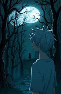 A very dark and eerie forest in anime style, featuring a 16-year-old boy with messy white hair, gazing towards a full moon