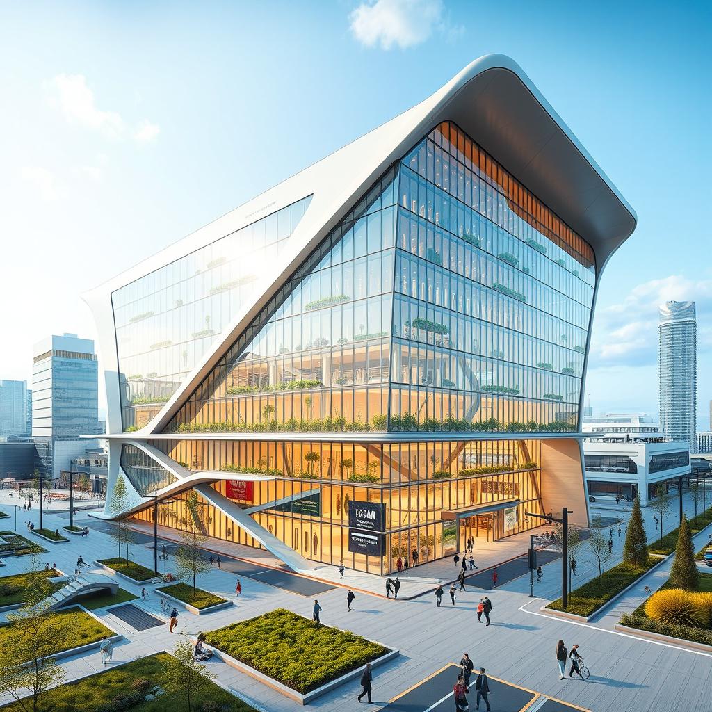 A stunning 3D illustration of an innovative building located in the Global North, featuring a futuristic architectural style with large glass panels, dynamic lines, and integrated green technology