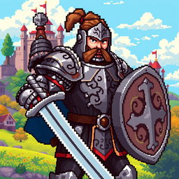 A detailed pixel art image of a medieval warrior, featuring a strong and fierce looking knight clad in shining armor