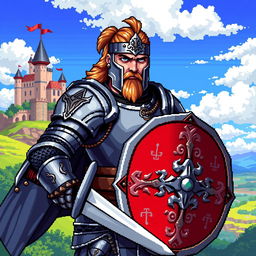 A detailed pixel art image of a medieval warrior, featuring a strong and fierce looking knight clad in shining armor