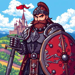 A detailed pixel art image of a medieval warrior, featuring a strong and fierce looking knight clad in shining armor