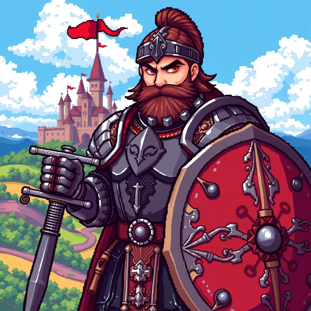 A detailed pixel art image of a medieval warrior, featuring a strong and fierce looking knight clad in shining armor