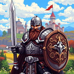 A detailed pixel art image of a medieval warrior, featuring a strong and fierce looking knight clad in shining armor