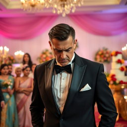 A dramatic scene capturing an angry groom dressed in a classic black tuxedo, with an upset expression on his face
