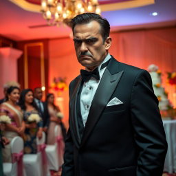A dramatic scene capturing an angry groom dressed in a classic black tuxedo, with an upset expression on his face