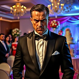 A dramatic scene capturing an angry groom dressed in a classic black tuxedo, with an upset expression on his face