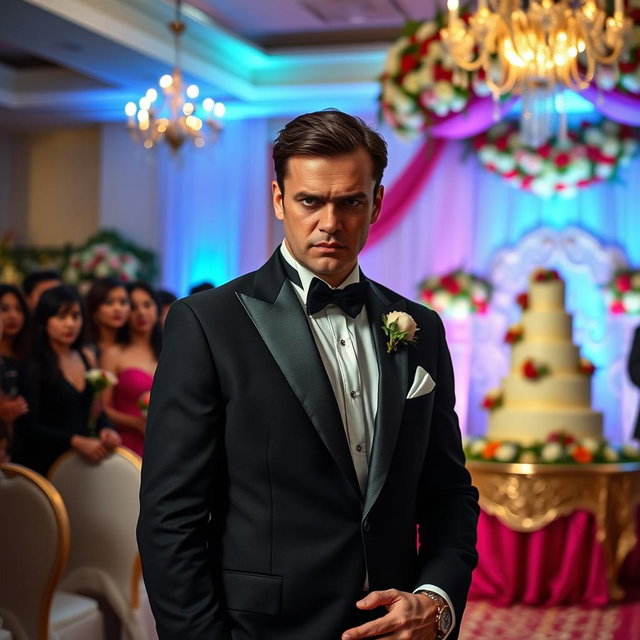 A dramatic scene capturing an angry groom dressed in a classic black tuxedo, with an upset expression on his face