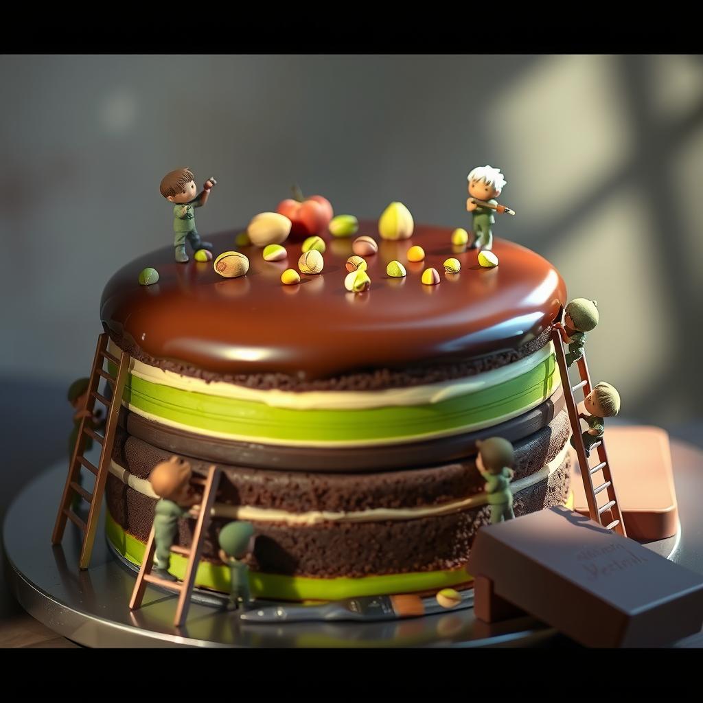 A whimsical scene featuring small characters working on a luxurious multi-layer chocolate cake
