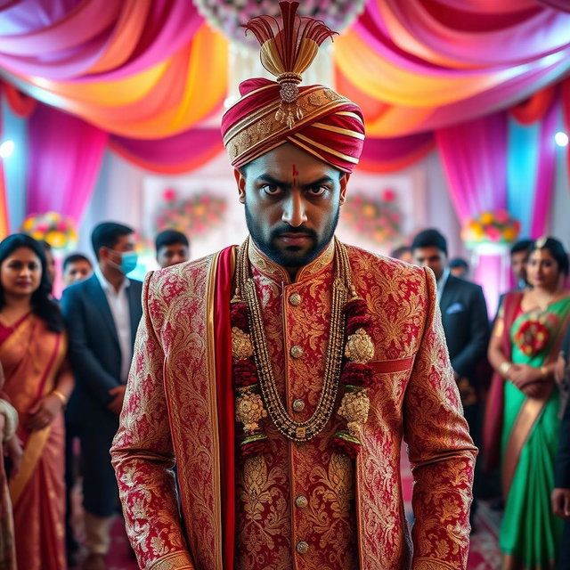 A dramatic scene showcasing an angry Indian groom in traditional attire, wearing an ornate sherwani richly decorated with intricate embroidery, adorned with a turban