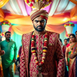 A dramatic scene showcasing an angry Indian groom in traditional attire, wearing an ornate sherwani richly decorated with intricate embroidery, adorned with a turban