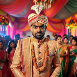 A dramatic scene showcasing an angry Indian groom in traditional attire, wearing an ornate sherwani richly decorated with intricate embroidery, adorned with a turban