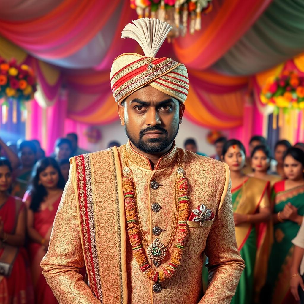 A dramatic scene showcasing an angry Indian groom in traditional attire, wearing an ornate sherwani richly decorated with intricate embroidery, adorned with a turban