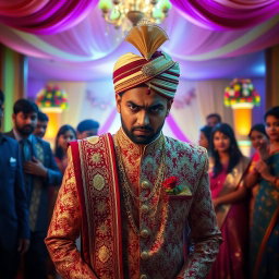 A dramatic scene showcasing an angry Indian groom in traditional attire, wearing an ornate sherwani richly decorated with intricate embroidery, adorned with a turban